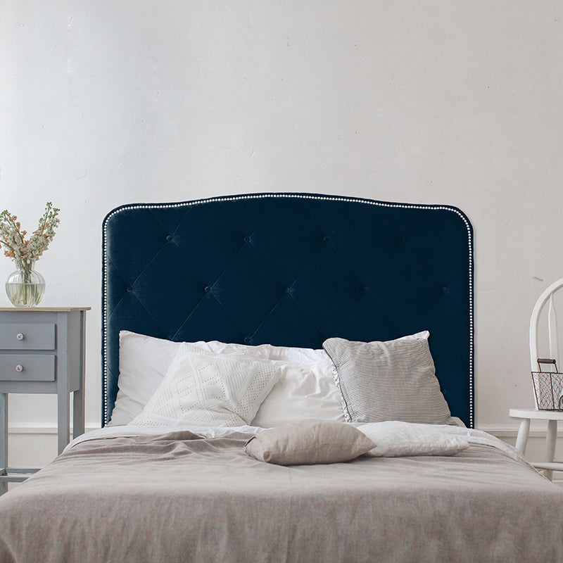 A classy and classic headboard style; the Cleveland. Featuring a diamond stitch pattern on a gorgeous velvet and is finished with a row of silver strip studs. NZ made, please allow 6-8 weeks for production.