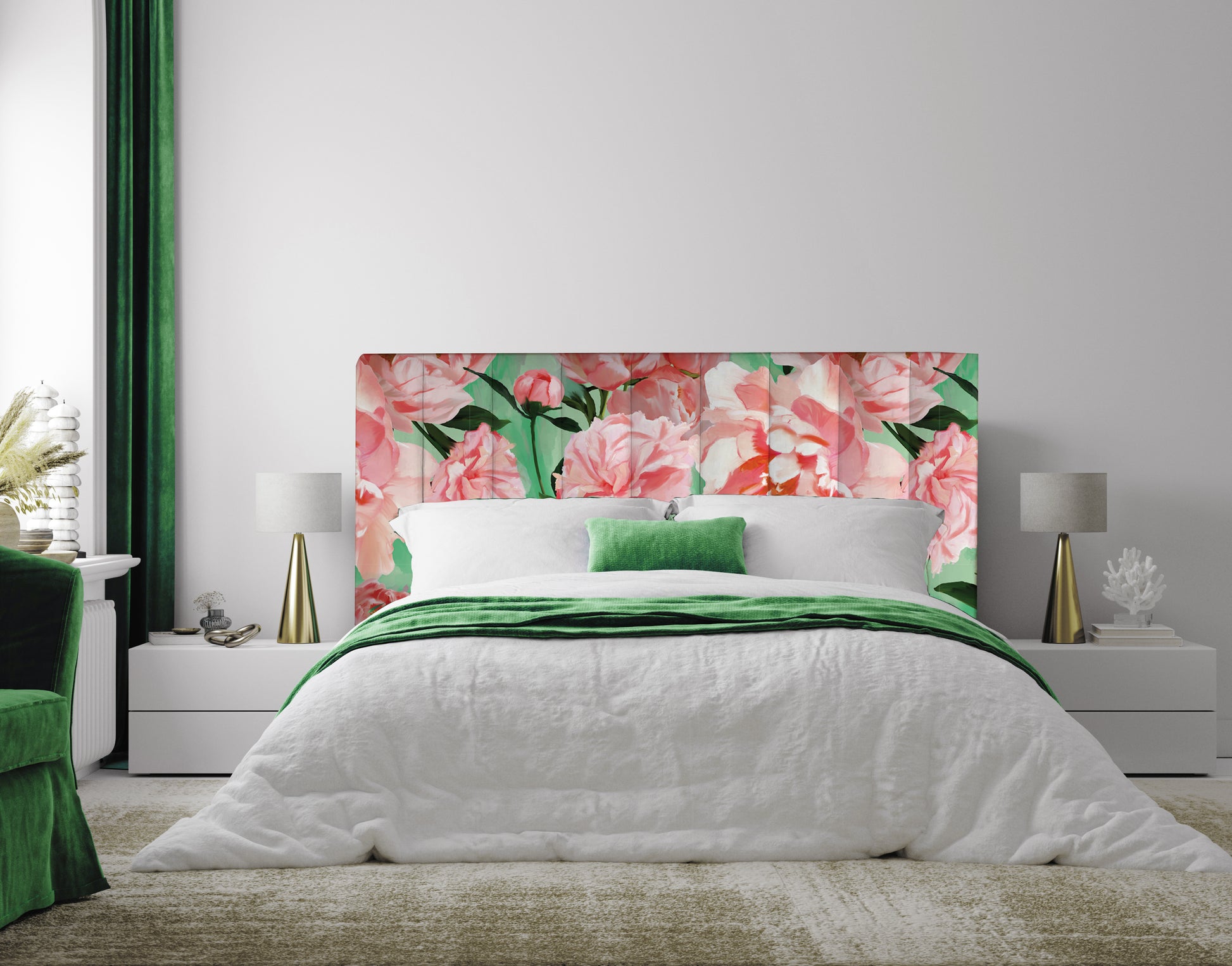 We have turned our gorgeous wallpaper; Peony Burst into a gorgeous printed velvet. The headboard has simple vertical stitch lines, running the height of the headboard for added detail. The result is stunning!  All our headboards are made to order in Auckland, NZ, please allow 6-8 weeks for production.